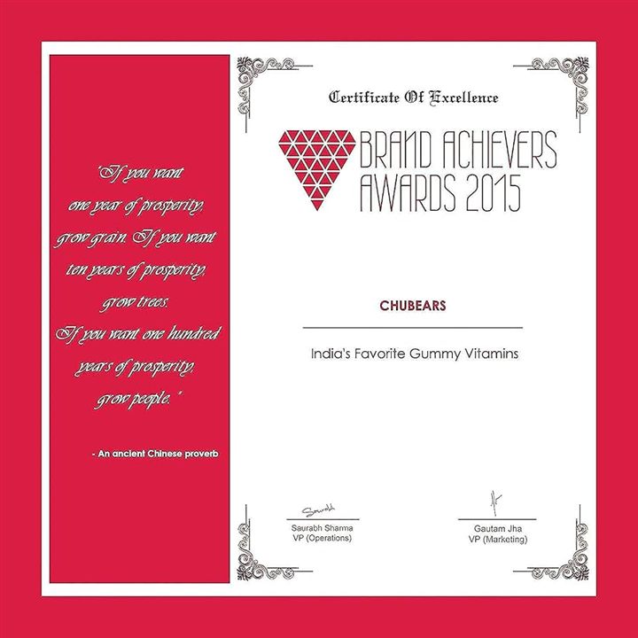 Certificate of Excellence, Brand Achievers Awards 2015, awarded to Chubears as India's Favorite Gummy Vitamins